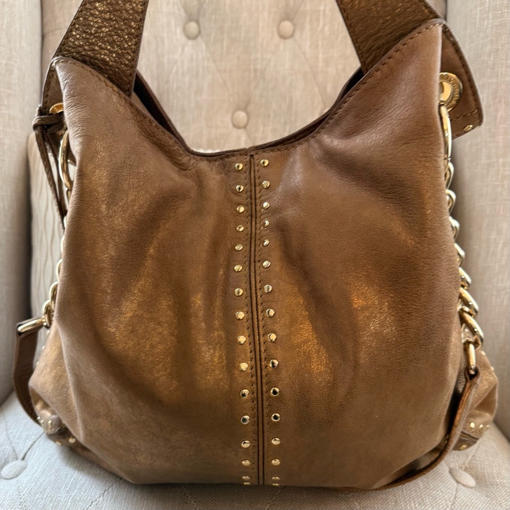 MICHAEL Michael Kors Delancy Studded Leather Hobo Bag Bronze Metallic - Picture 11 of 16